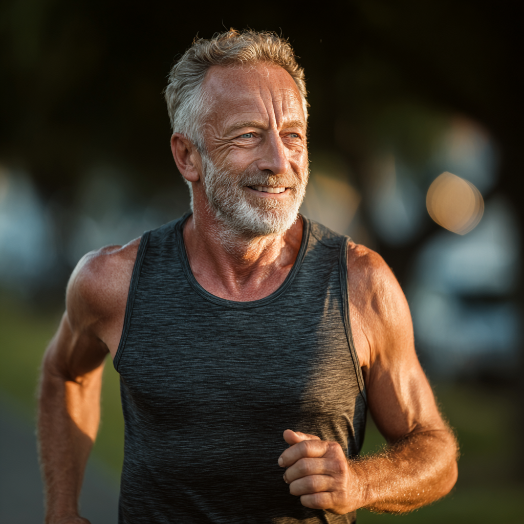 Активен мъж на 58 години тича в парка рано сутрин, изглежда енергичен и здрав с усмивка на лицето