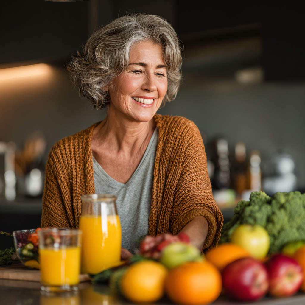 Енергична жена на 55 години прави здравословна закуска в модерна кухня, усмихната и жизнерадостна сред свежи плодове и зеленчуци