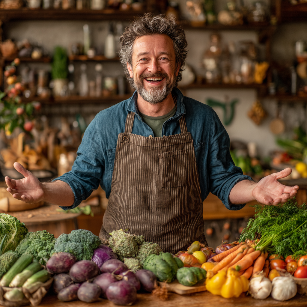 Щастлив мъж на 52 години готви енергизираща храна в кухнята си, заобиколен от цветни плодове и зеленчуци