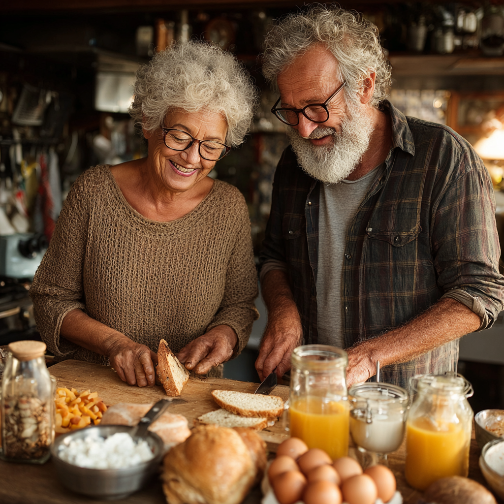 Усмихната двойка на 60 години прави здравословна закуска заедно в слънчева кухня, изглеждат енергични и щастливи